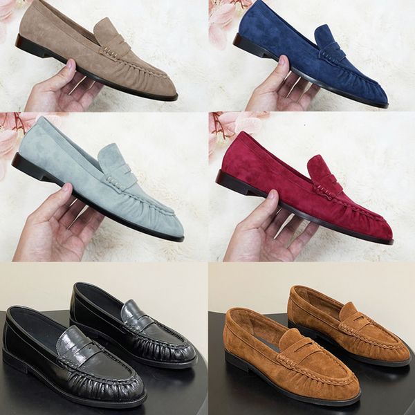 Designer Classic Penny Loafers Le Loafers Slip On Mules Men Women Premium Creased Genuine Leather Suede Pleated Toe Office Dress Flat Shoes 1137